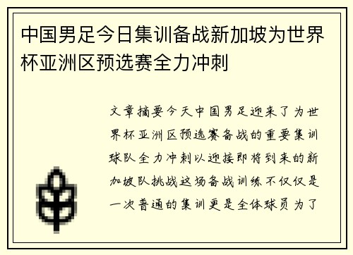 中国男足今日集训备战新加坡为世界杯亚洲区预选赛全力冲刺