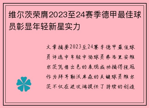 维尔茨荣膺2023至24赛季德甲最佳球员彰显年轻新星实力 维尔茨荣膺2023至24赛季德甲最佳球员彰显年轻新星实力