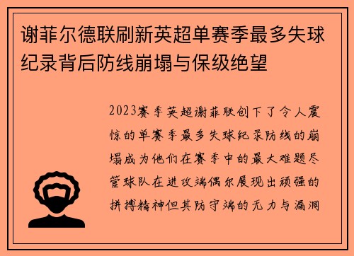 谢菲尔德联刷新英超单赛季最多失球纪录背后防线崩塌与保级绝望