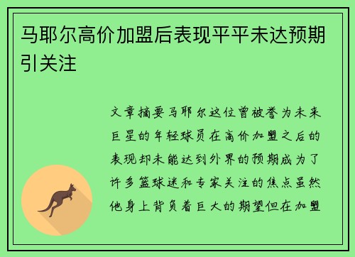 马耶尔高价加盟后表现平平未达预期引关注